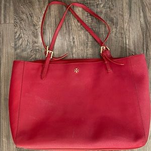 TORY BURCH RED SAFFIANO LAPTOP TOTE BAG PURSE LARGE
